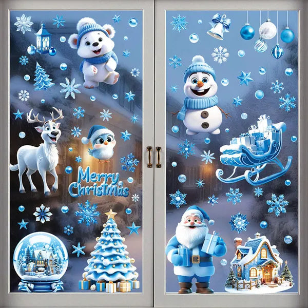 Christmas Window Clings - 9 Sheets Blue Theme Santa Reindeer Snowman