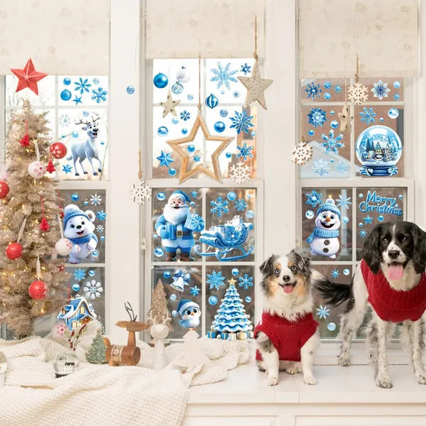 Christmas Window Clings - 9 Sheets Blue Theme Santa Reindeer Snowman