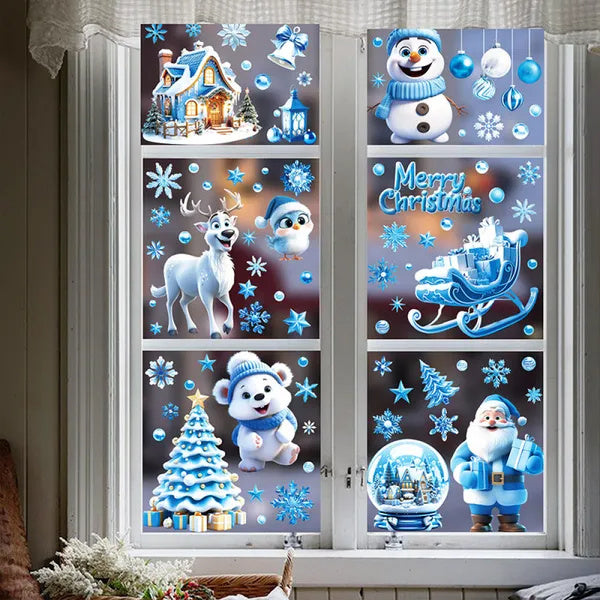 Christmas Window Clings - 9 Sheets Blue Theme Santa Reindeer Snowman