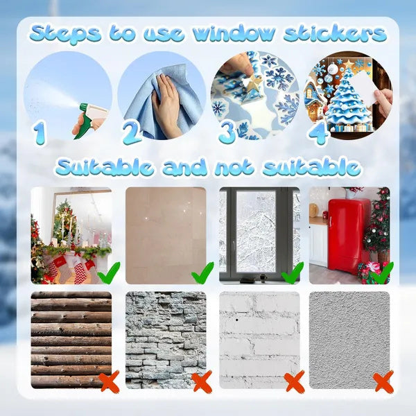 Christmas Window Clings - 9 Sheets Blue Theme Santa Reindeer Snowman