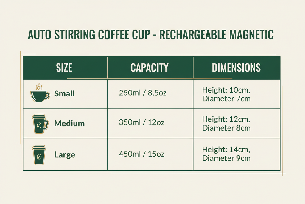 Auto Stirring Coffee Cup Size Chart